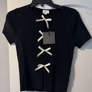 Black Ribbed Top with White Bow Accents